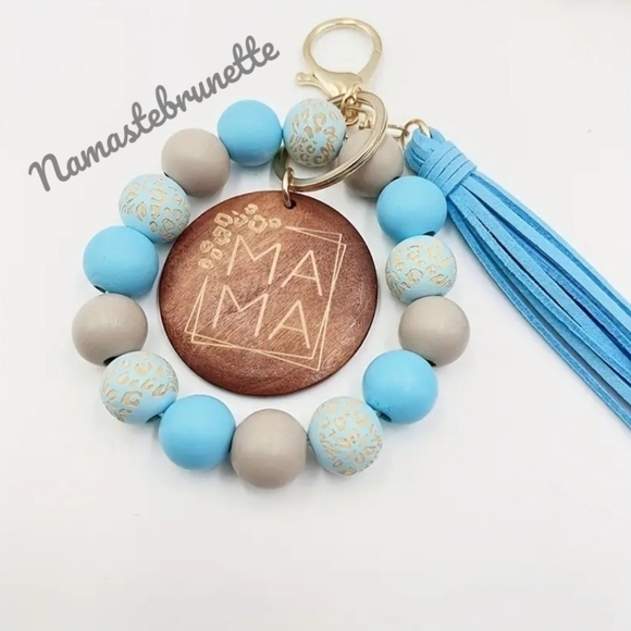 Wooden Beaded Mama Keychain Bag Charm With Blue Tassel - Picture 4 of 11